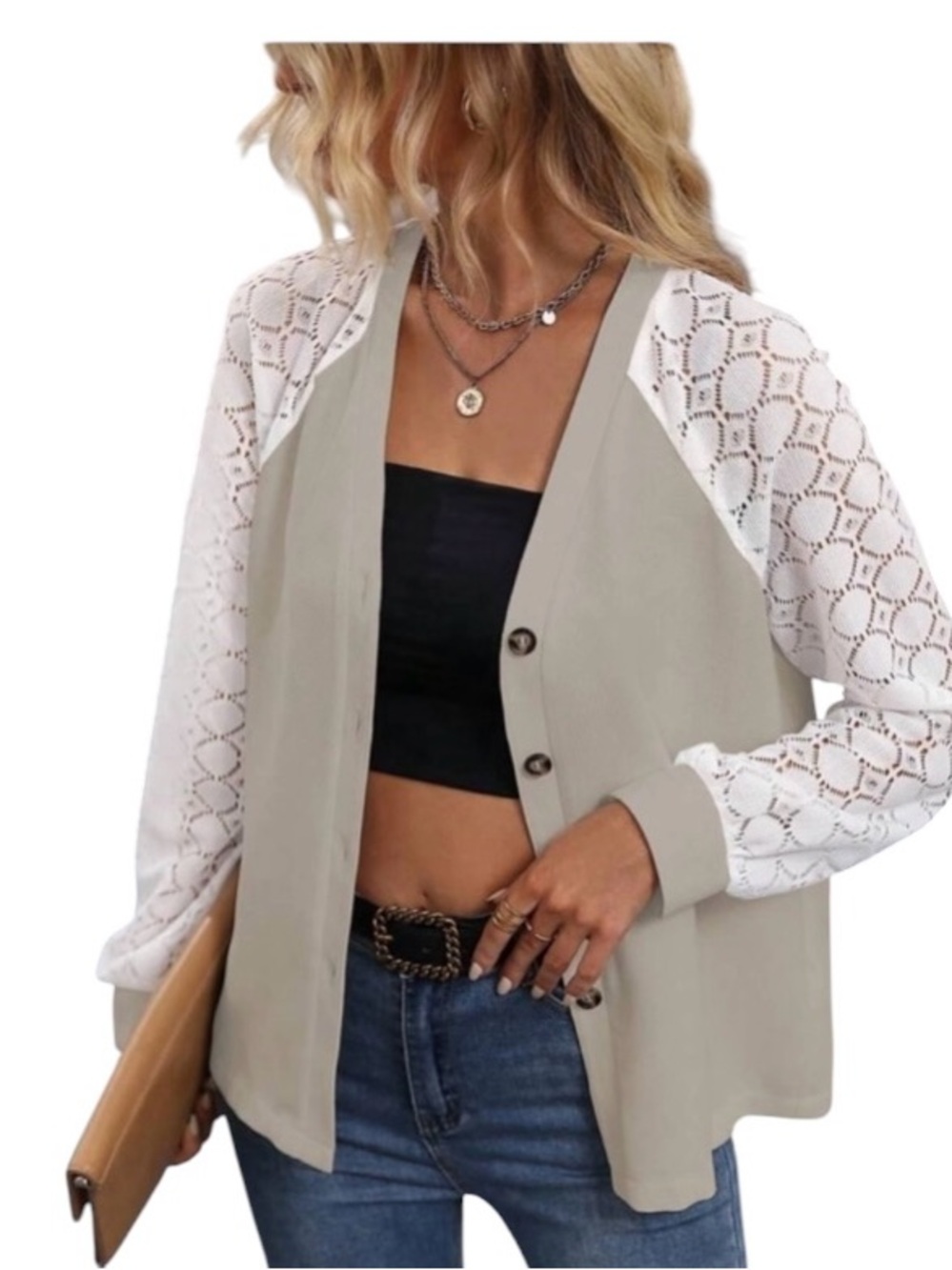 SHEIN LUNE Contrast Pointelle Raglan Sleeve Button Front Blouse size XL …